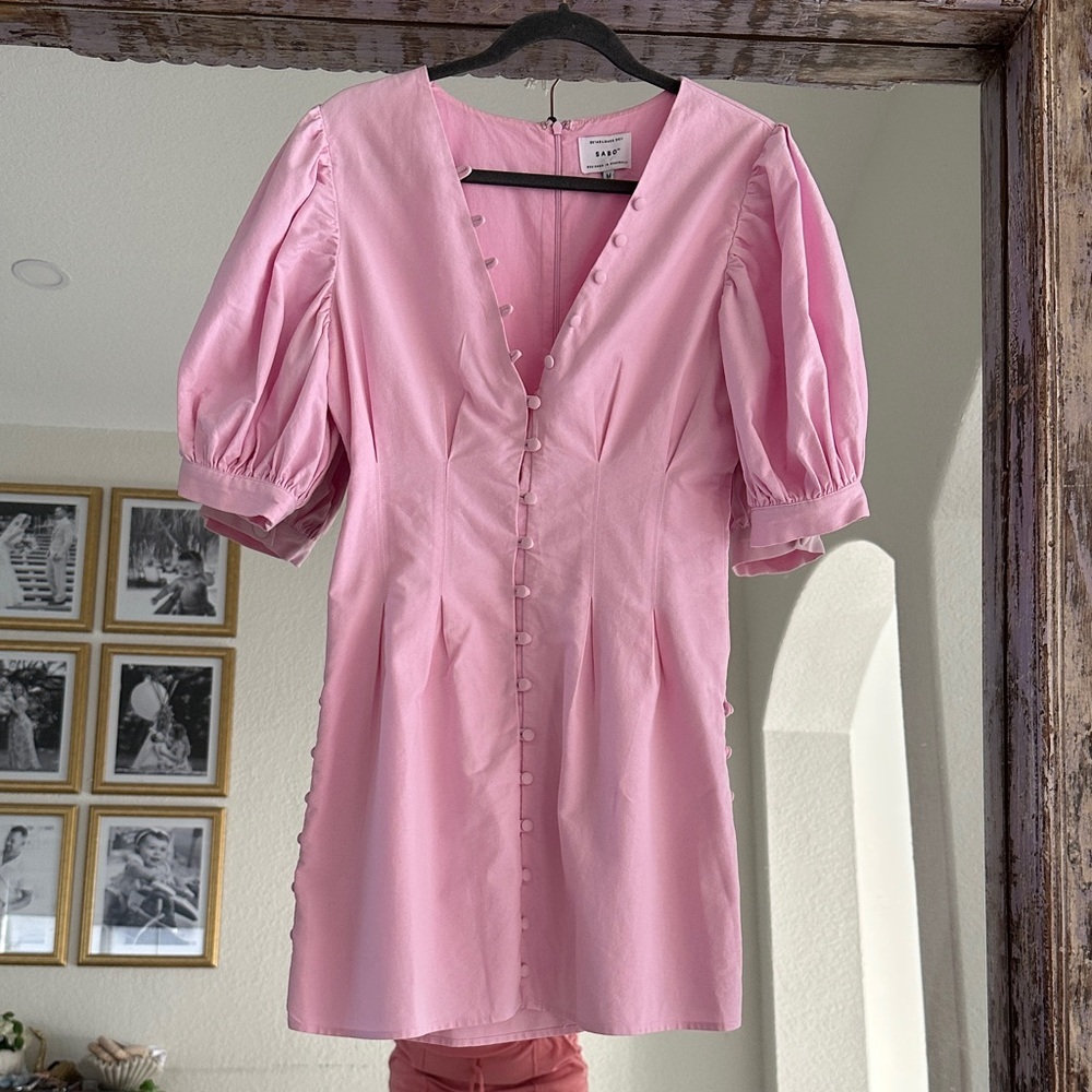 Pink Puff Sleeve Mini Dress with Button Front